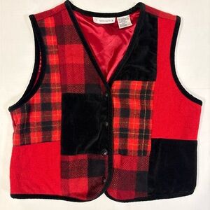 Vintage Chrysantheme red & black plaid wool blend vest black velvet panels Large